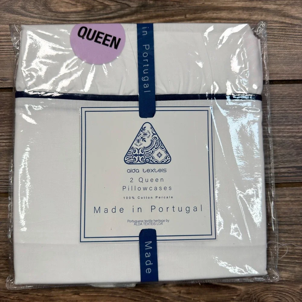 Alda Texteis Queen 2pc Pillowcase Set White Navy Ruffle Cotton Portugal NEW